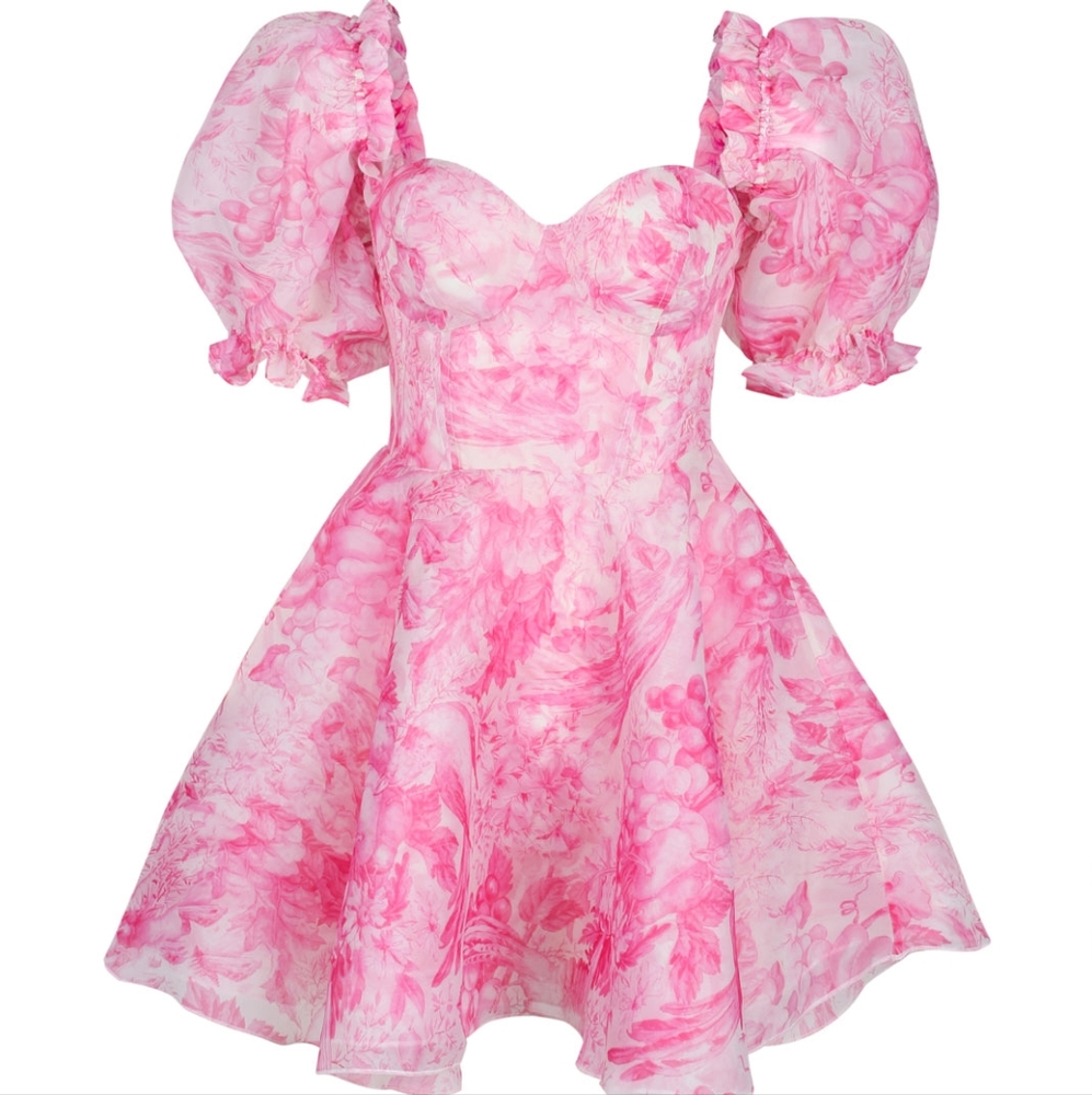 Selkie Pink Floral Puff-Sleeve Sweetheart Mini Dress - Picture 2 of 4